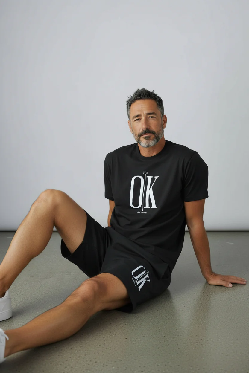 OK Logo Design Black T-Shirt & Pants Set
