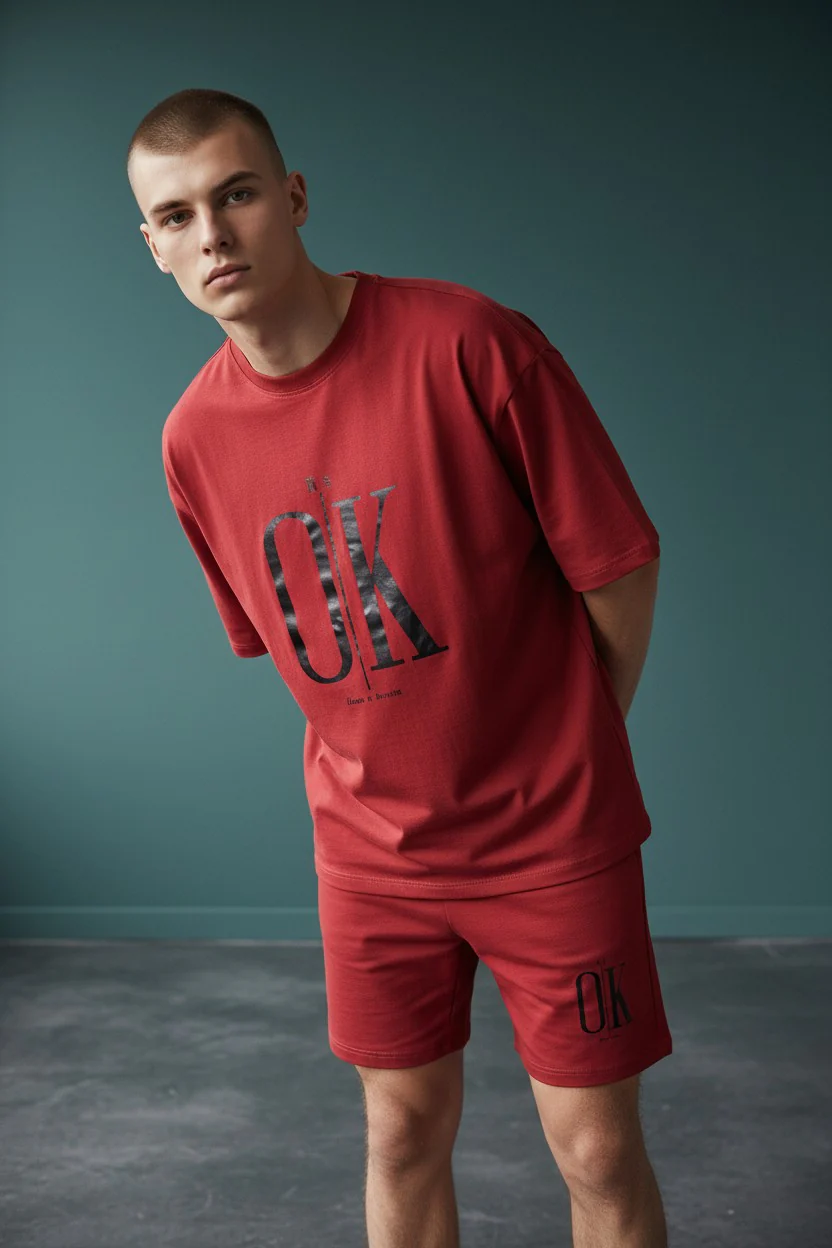 OK Logo Design Burgundy T-Shirt & Pants Set