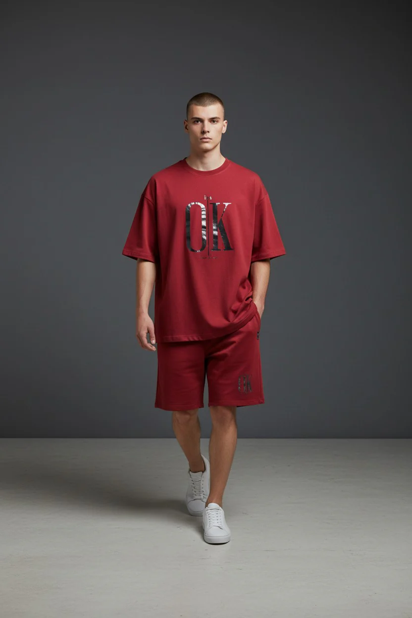 OK Logo Design Burgundy T-Shirt & Pants Set - Image 2
