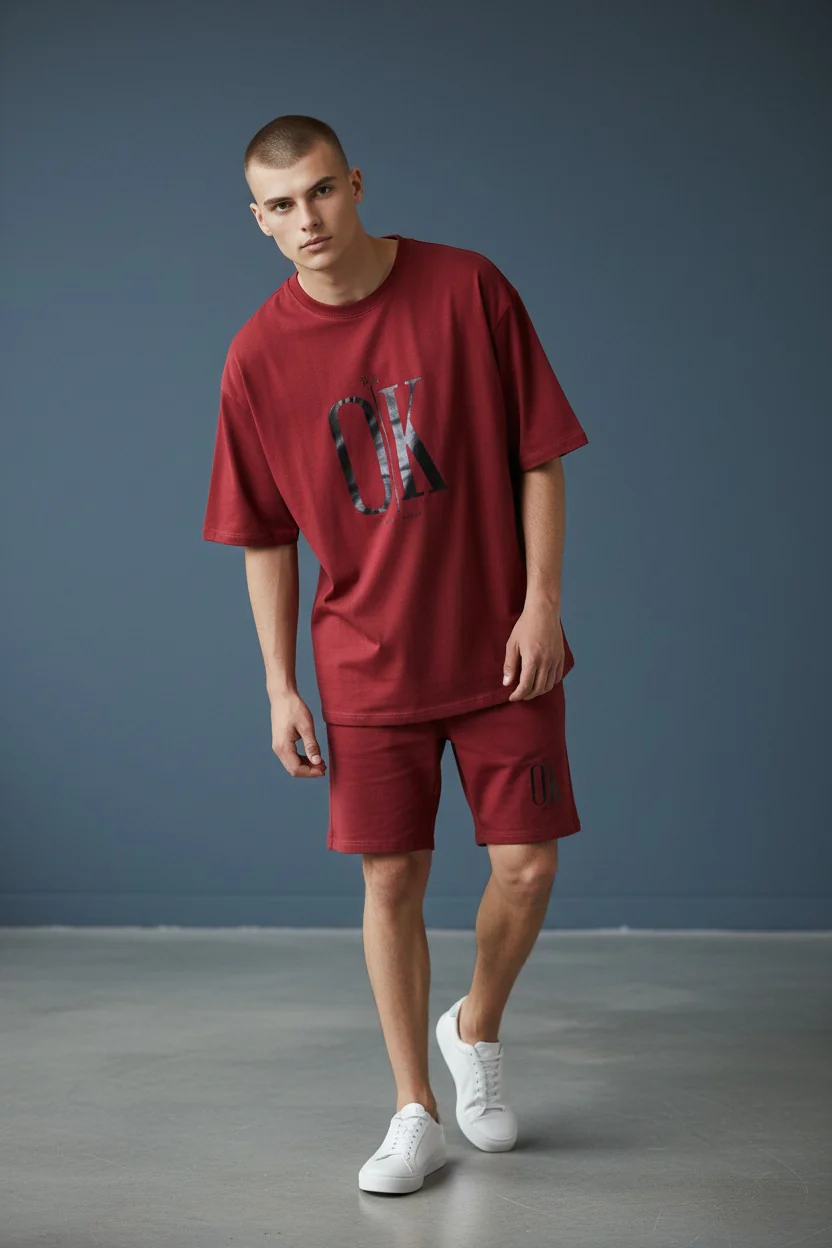 OK Logo Design Burgundy T-Shirt & Pants Set - Image 3