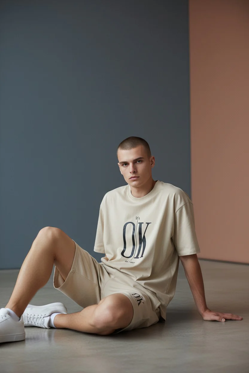 OK Logo Design Cream T-Shirt & Pants Set