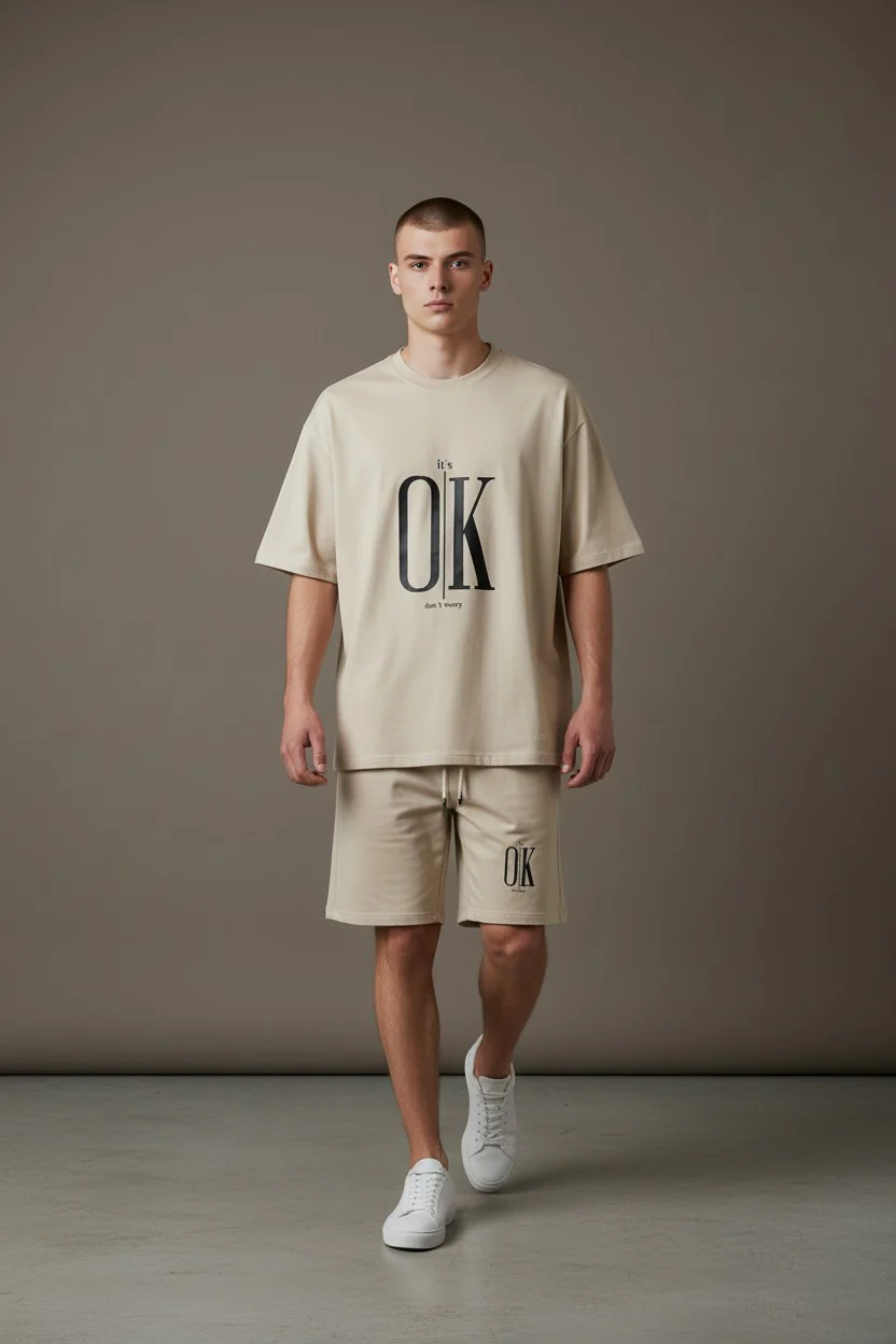 OK Logo Design Cream T-Shirt & Pants Set - Image 2