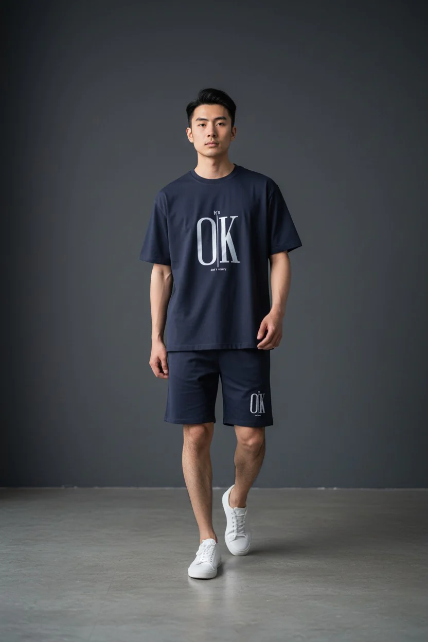 OK Logo Design Navy Blue T-Shirt & Pants Set