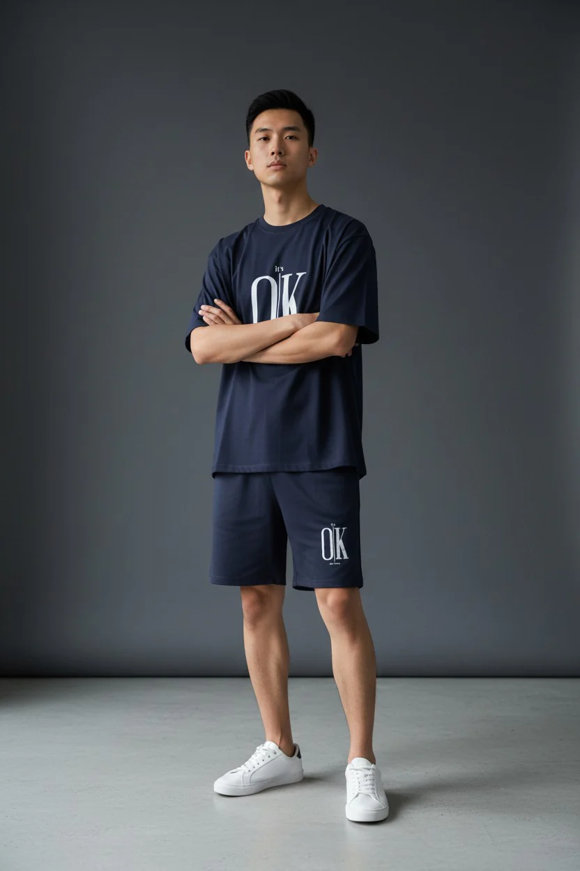 OK Logo Design Navy Blue T-Shirt & Pants Set - Image 2