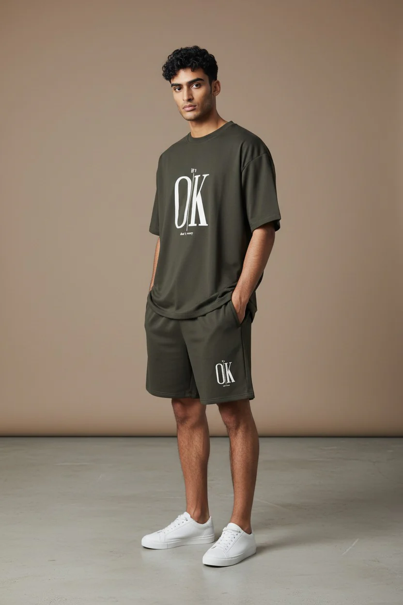 OK Logo Design Olive Green T-Shirt & Pants Set