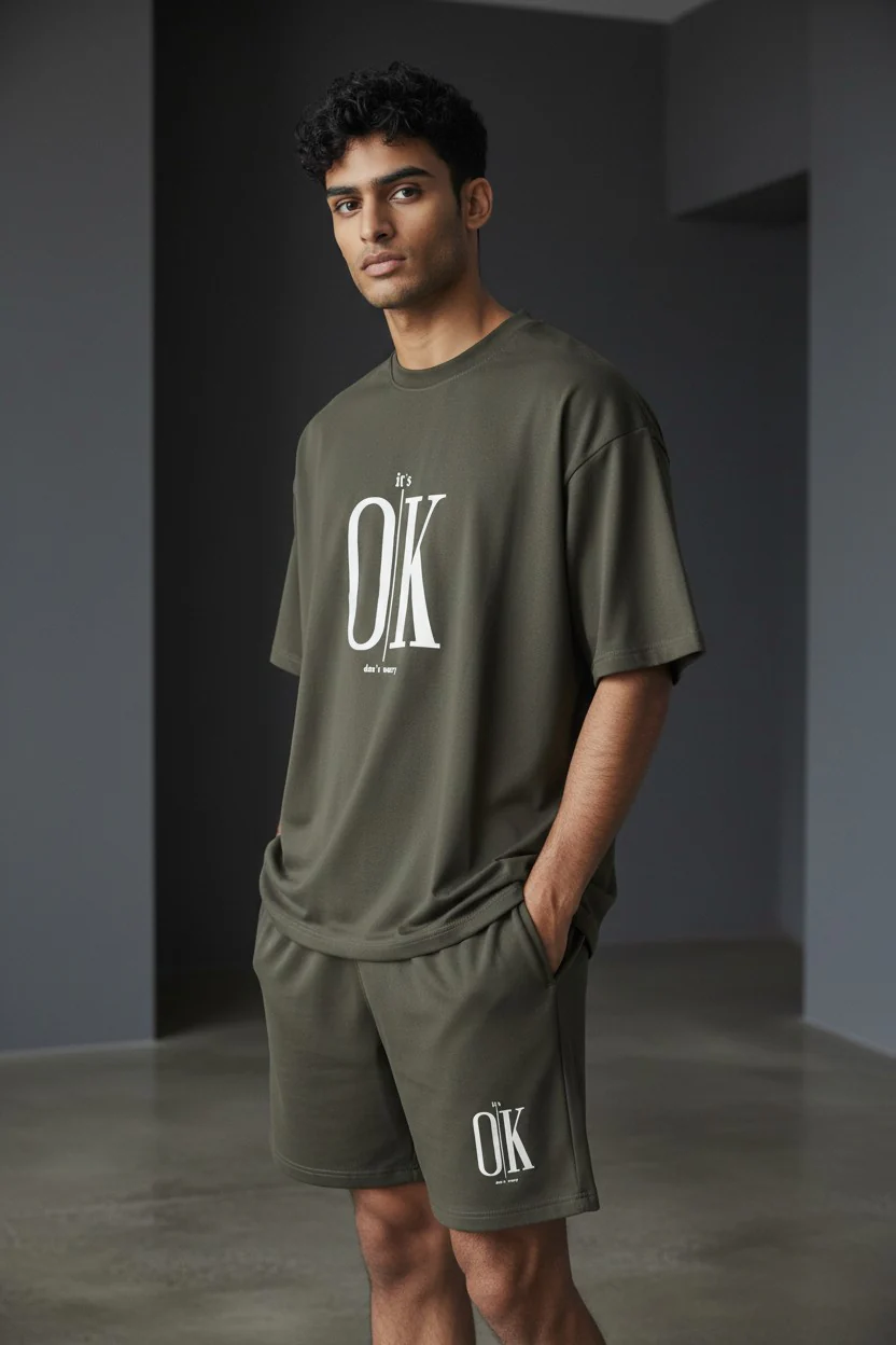 OK Logo Design Olive Green T-Shirt & Pants Set - Image 2