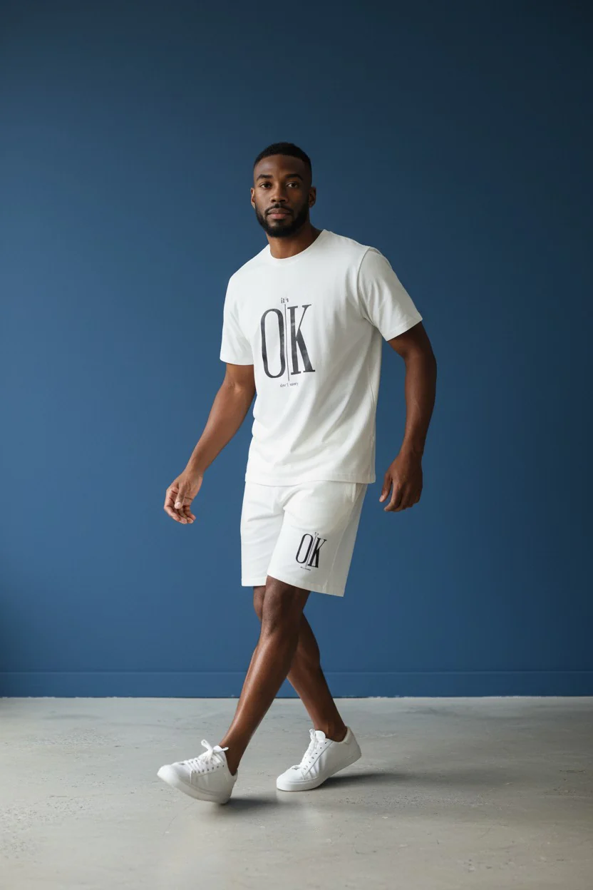 OK Logo Design White T-Shirt & Pants Set