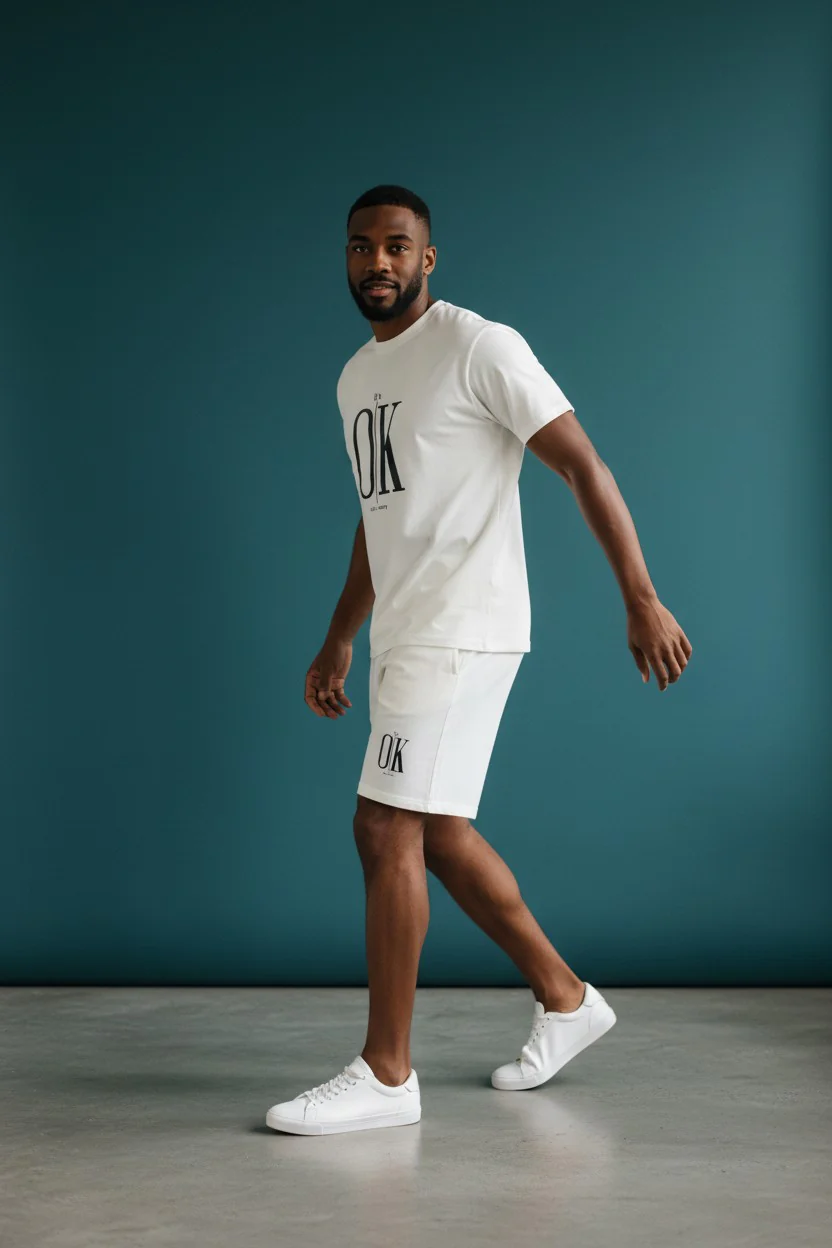 OK Logo Design White T-Shirt & Pants Set - Image 3