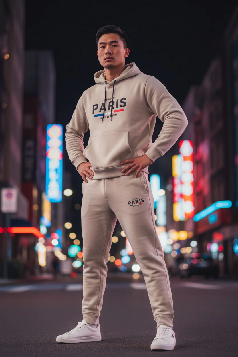 Paris Logo Design Beige Men's Hoodie & Pants Set