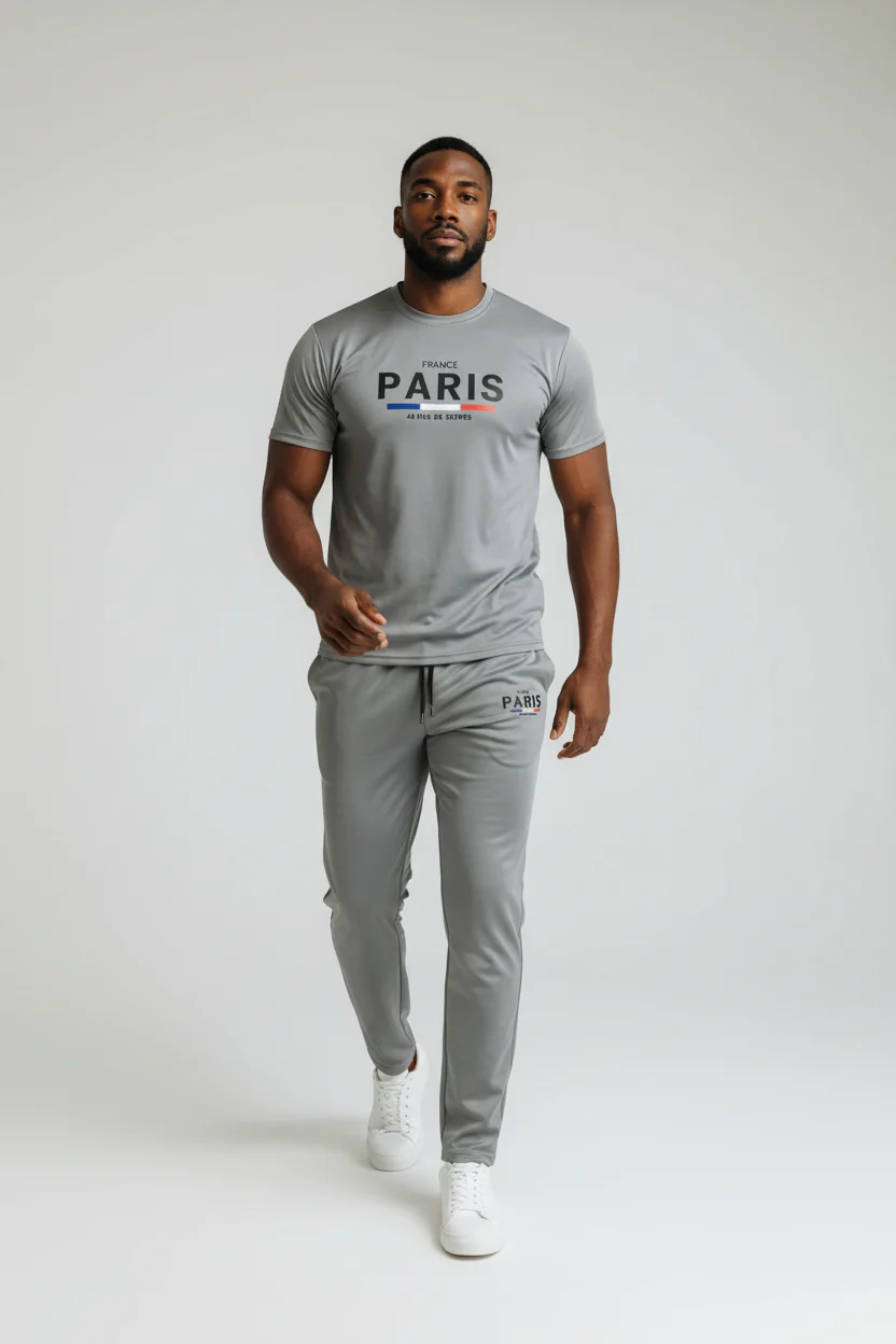 Paris Logo Design Gray T-Shirt & Pants Set