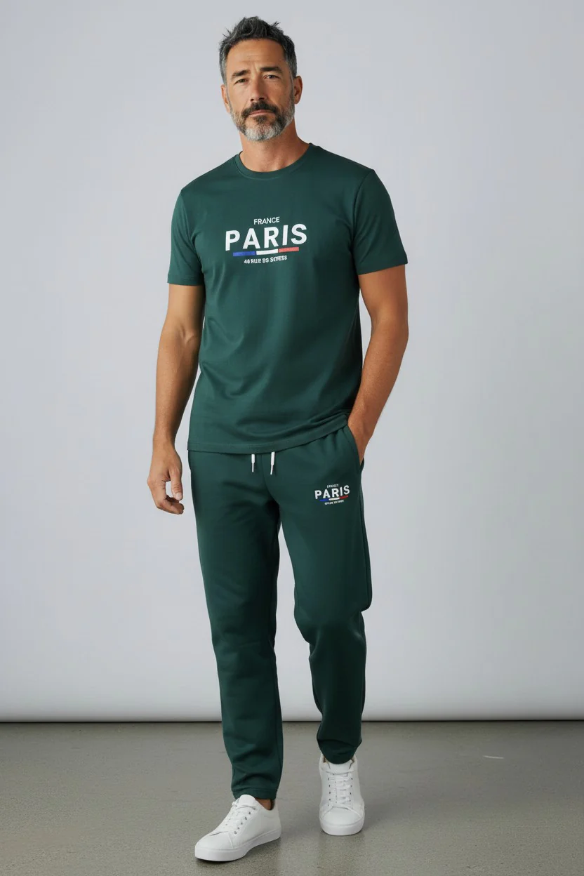 Paris Logo Design Green T-Shirt & Pants Set