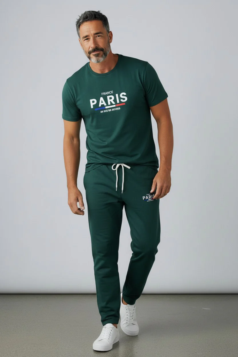 Paris Logo Design Green T-Shirt & Pants Set - Image 2