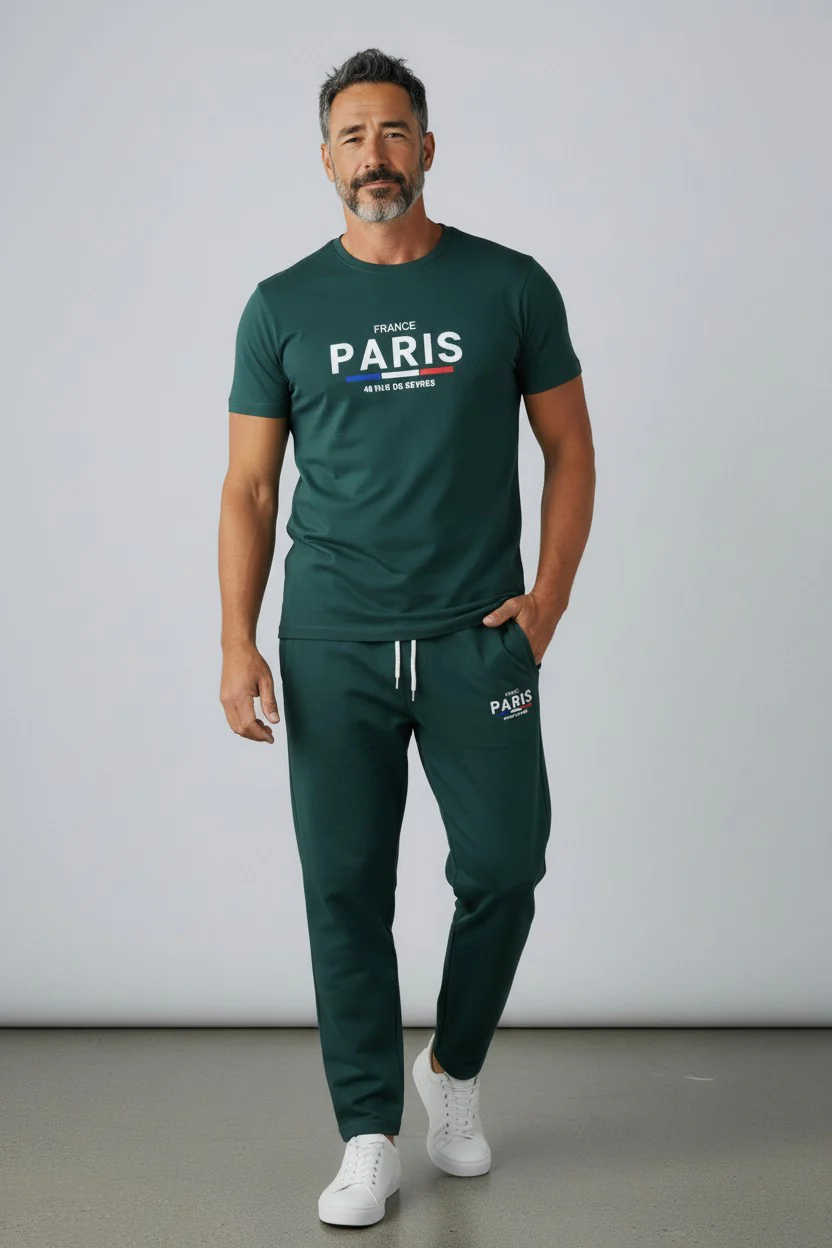 Paris Logo Design Green T-Shirt & Pants Set - Image 3