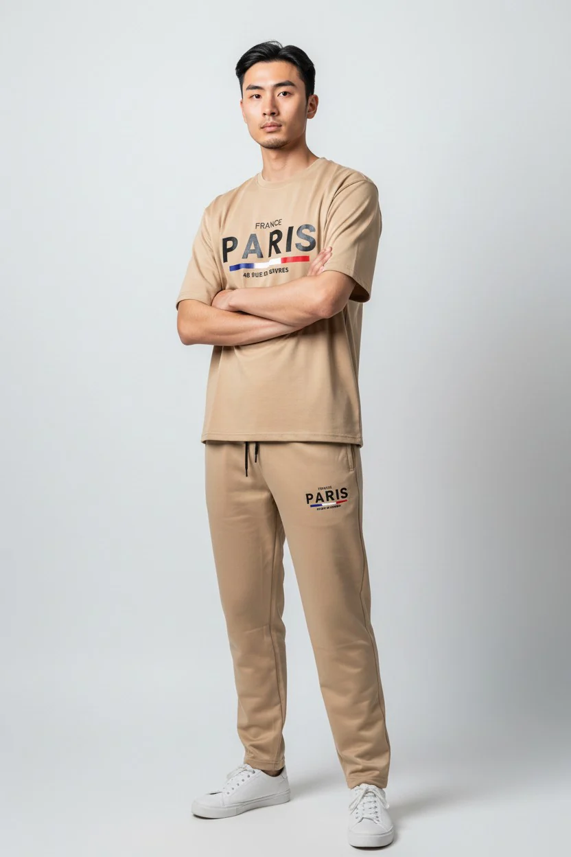 Paris Logo Design Light Beige T-Shirt & Pants Set