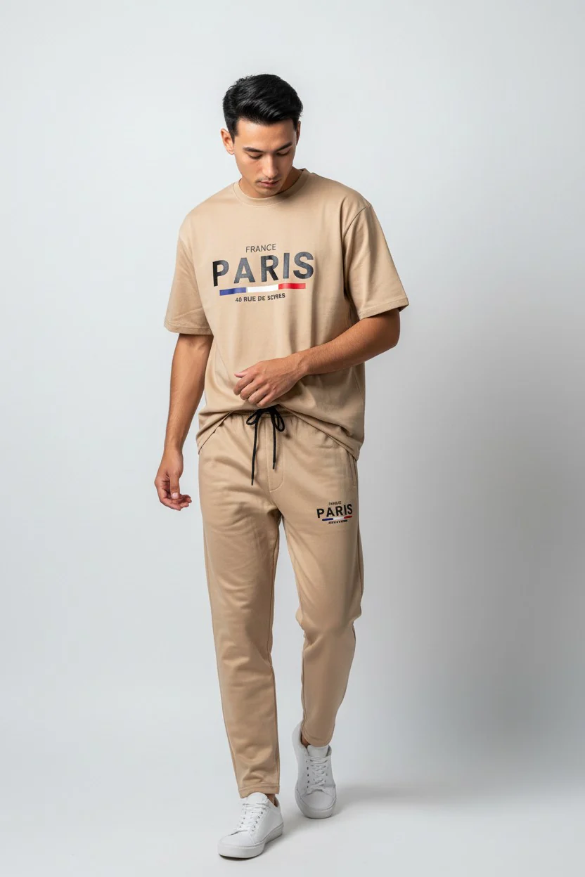 Paris Logo Design Light Beige T-Shirt & Pants Set - Image 2