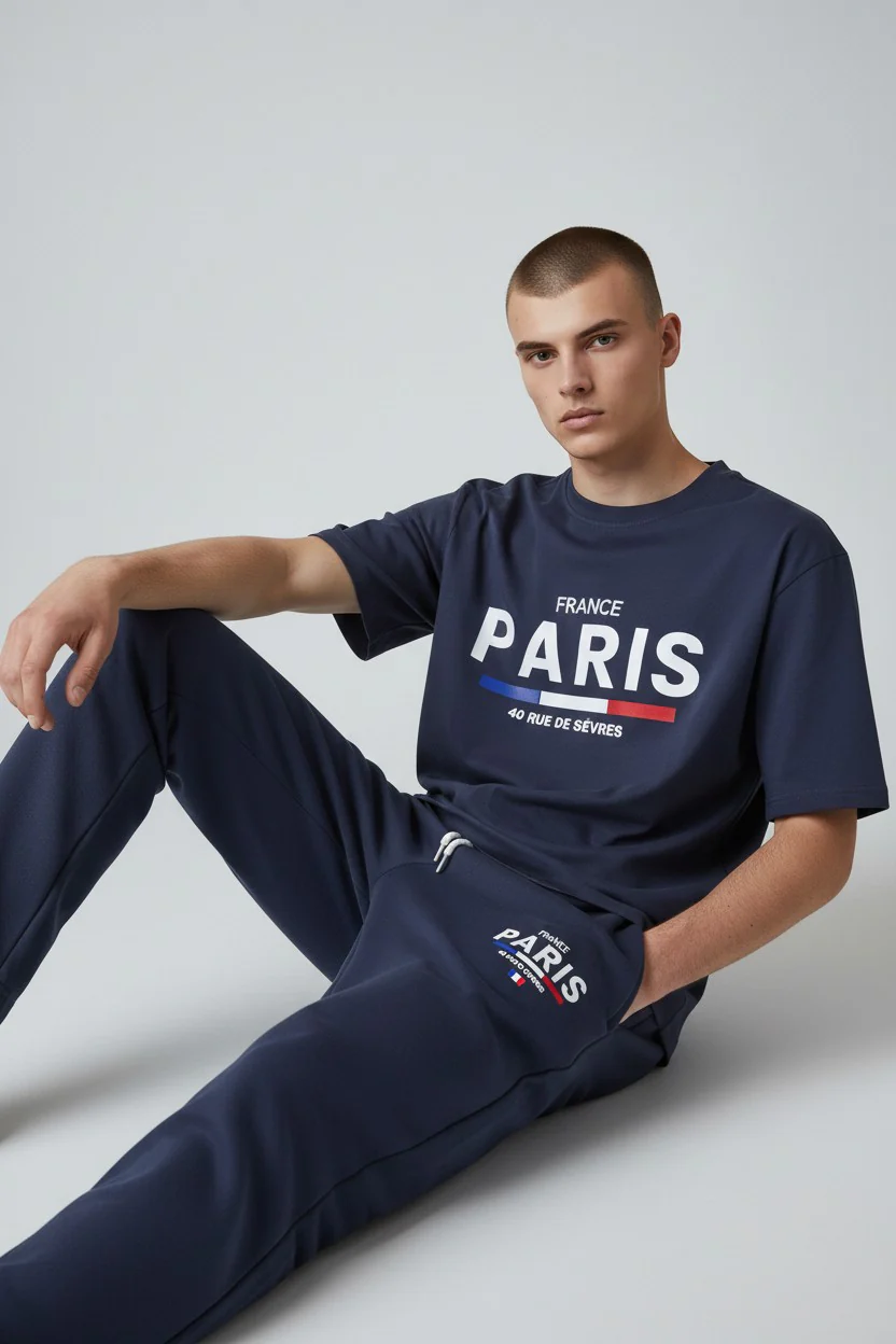 Paris Logo Design Navy Blue T-Shirt & Pants Set