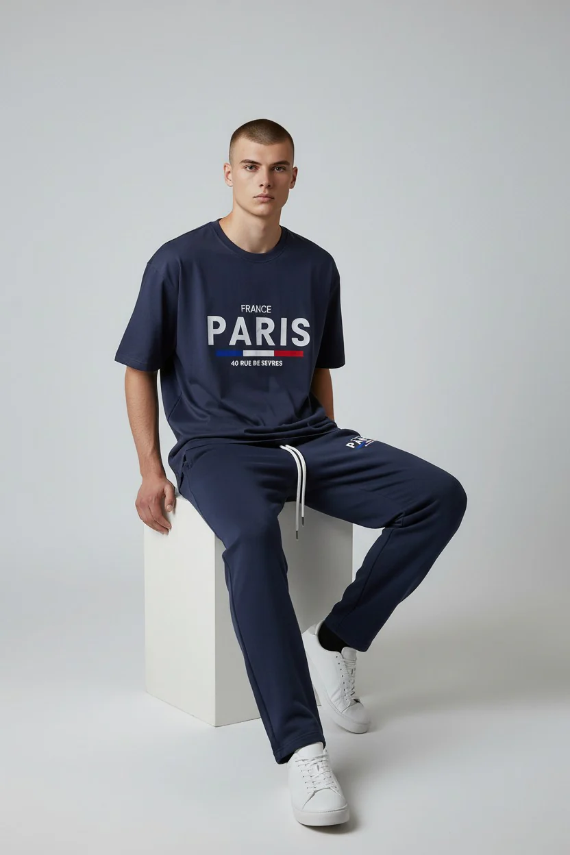 Paris Logo Design Navy Blue T-Shirt & Pants Set - Image 2