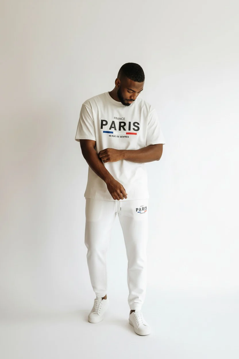 Paris Logo Design White T-Shirt & Pants Set