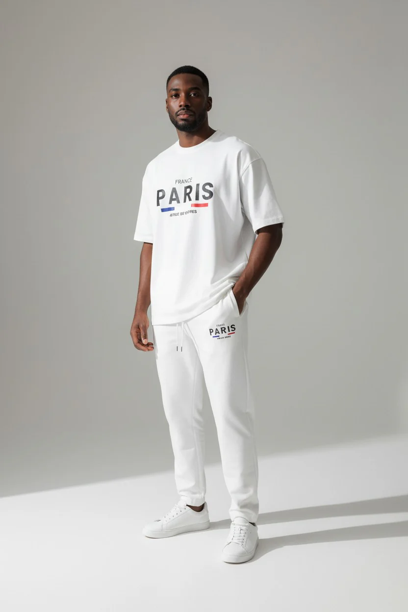 Paris Logo Design White T-Shirt & Pants Set - Image 2