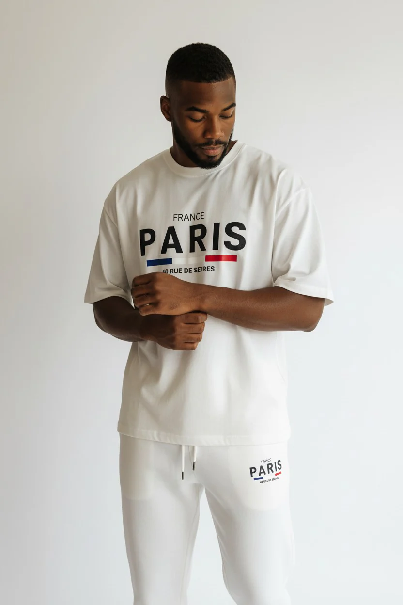 Paris Logo Design White T-Shirt & Pants Set - Image 3