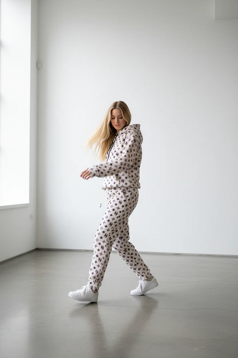 Pattern Design Light Beige Women's Hoodie & Pants Set