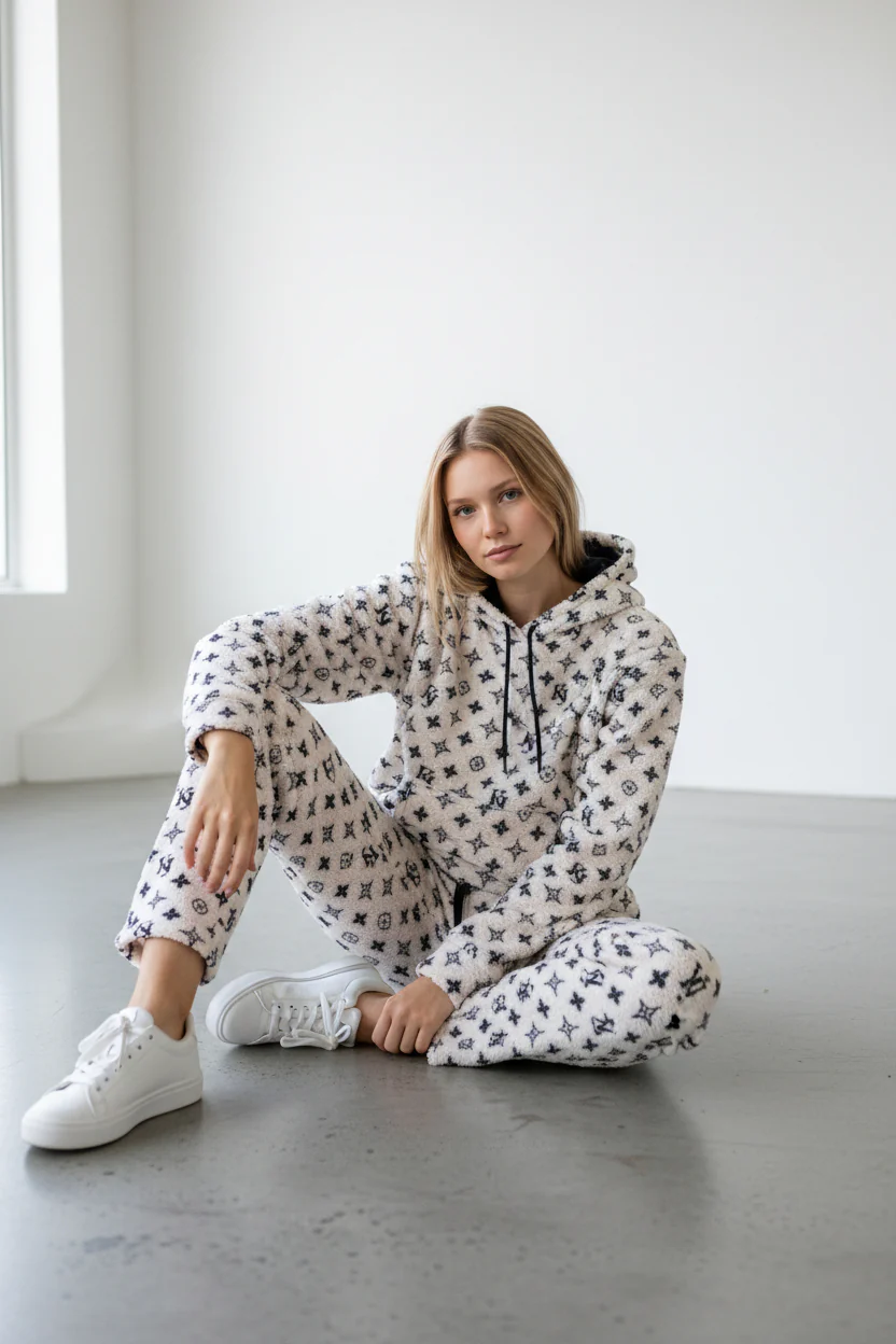 Pattern Design Light Beige Women's Hoodie & Pants Set - Image 2