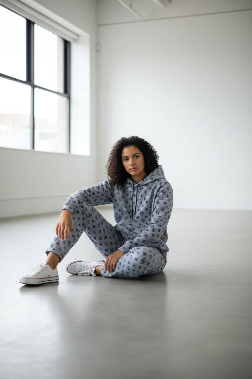 Pattern Design Silver Women's Hoodie & Pants Set