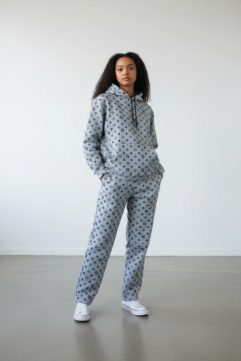 Pattern Design Silver Women's Hoodie & Pants Set - Image 2