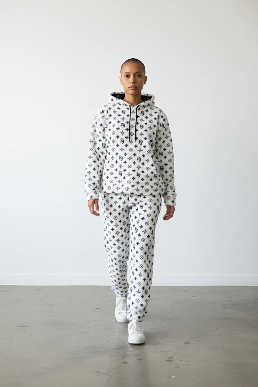 Pattern Design White Women's Hoodie & Pants Set