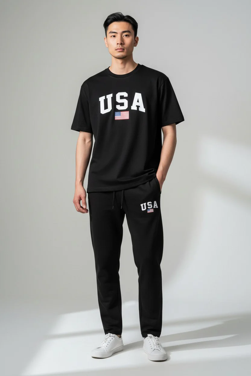 USA Logo Design Black T-Shirt & Pants Set