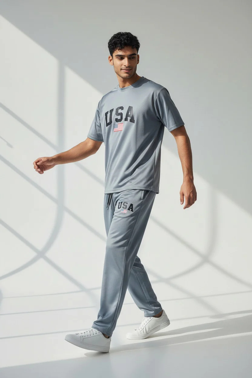 USA Logo Design Gray T-Shirt & Pants Set
