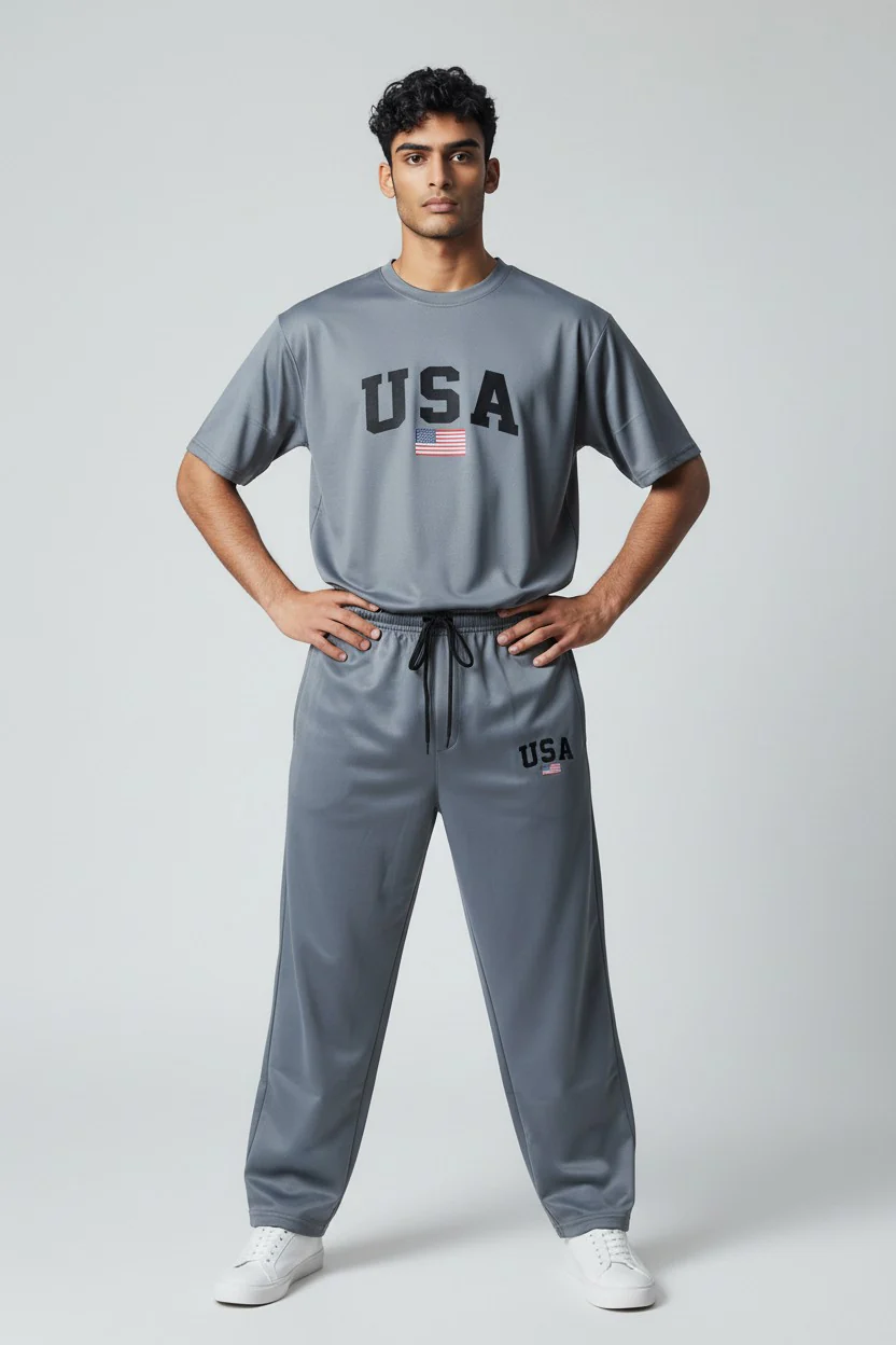 USA Logo Design Gray T-Shirt & Pants Set - Image 2