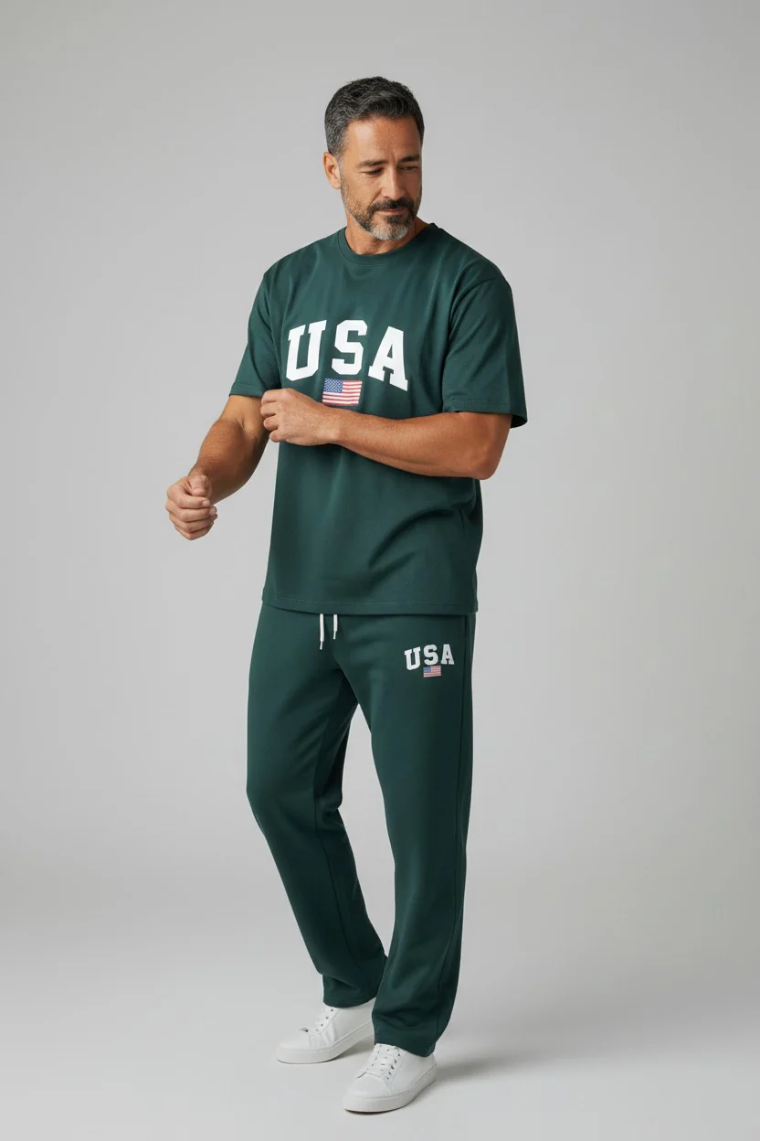 USA Logo Design Green T-Shirt & Pants Set