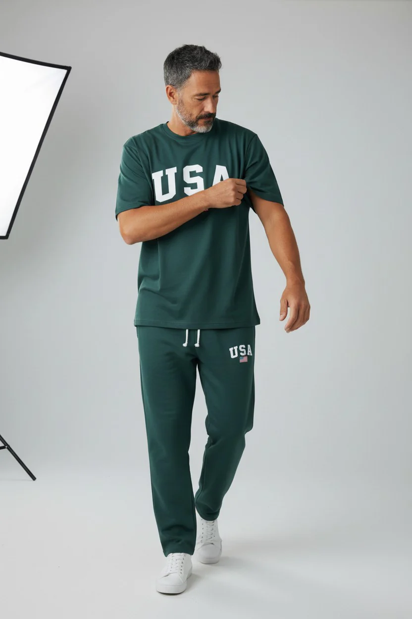USA Logo Design Green T-Shirt & Pants Set - Image 2